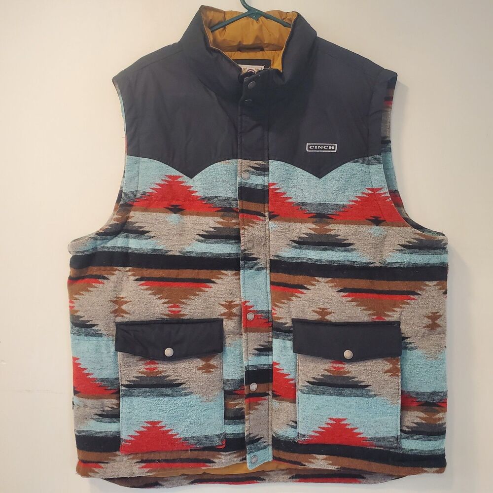 Cinch Men's Quilted Vest Full Zip With Pockets Khaki Black Aztec Size 2XL